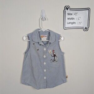 Vintage Dr Seuss Cat In The Hat Girls 4T Chambray Sleeveless Shirt